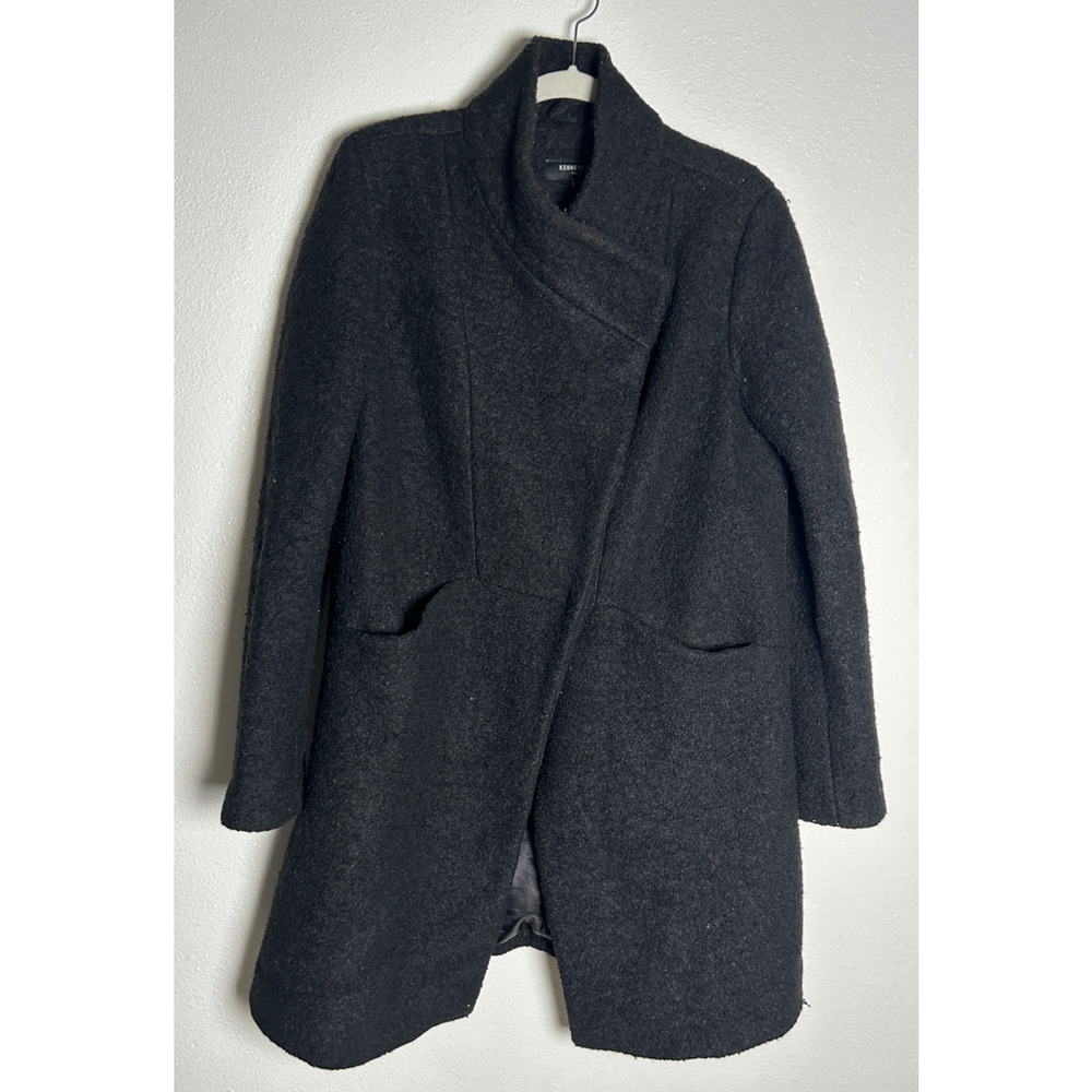 Kenneth Cole Wool Blend Asymmetrical Boucle Walker Coat Black Womens Large